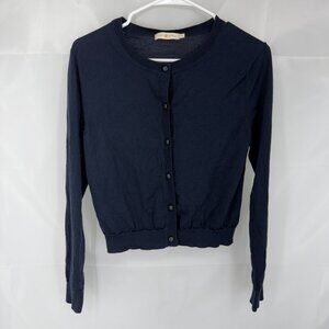 Tory Burch Women XL Cropped Cardigan Sweater Long Sleeve Navy Blue Button Knit